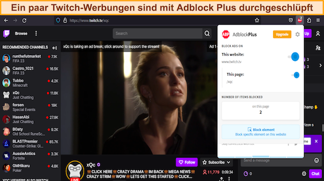 Screenshot der Adblock Plus-Browsererweiterung, die eine Mid-Roll-Anzeige auf Twitch nicht blockieren kann