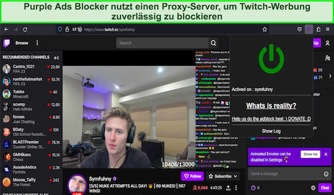 Screenshot der Browsererweiterung Purple Ads Blocker, die Werbung auf Twitch blockiert.