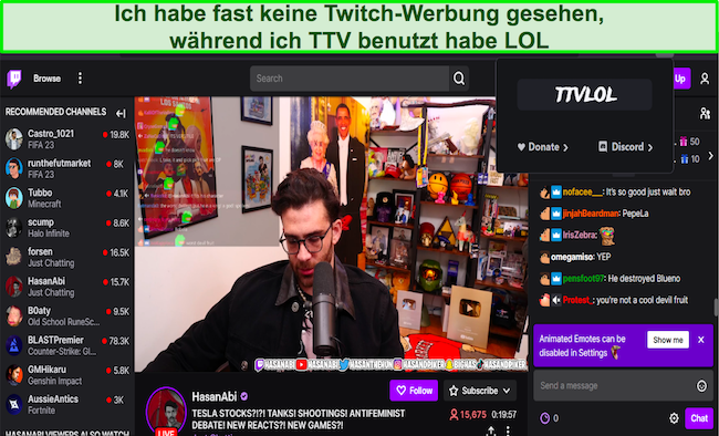 Screenshot der TTV LOL-Browsererweiterung, die Werbung auf Twitch blockiert