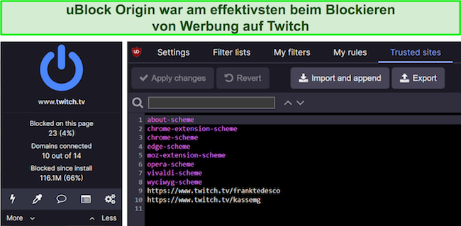 Screenshot der Twitch.tv-Blockierungsrate und Whitelist-Einstellungen von uBlock Origin im Zusammenhang mit Twitch.