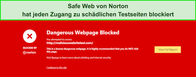 Screenshot der Norton Safe Web-Browsererweiterung, die eine bösartige Website blockiert