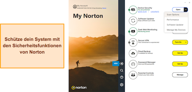 Screenshot, der das Hauptmenü von Norton nach der Installation zeigt