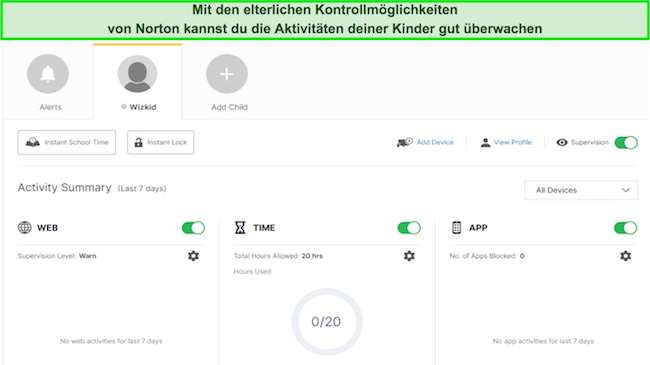 Screenshot der Kindersicherungsoberfläche von Norton
