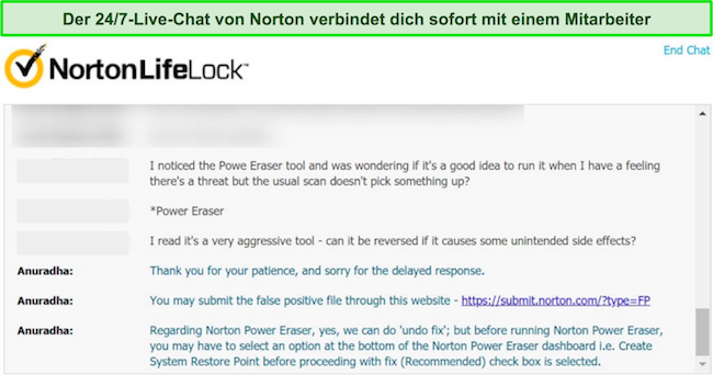 Screenshot eines Gesprächs mit dem Kundensupport von Norton