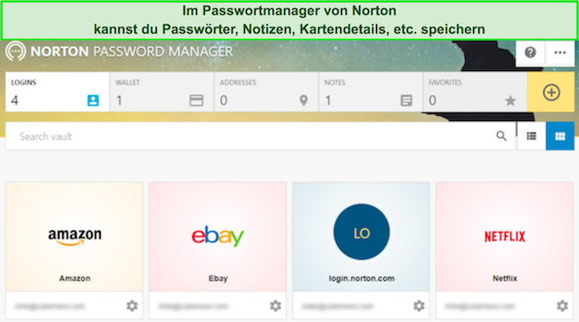 Screenshot der Benutzeroberfläche des Passwort-Managers von Norton