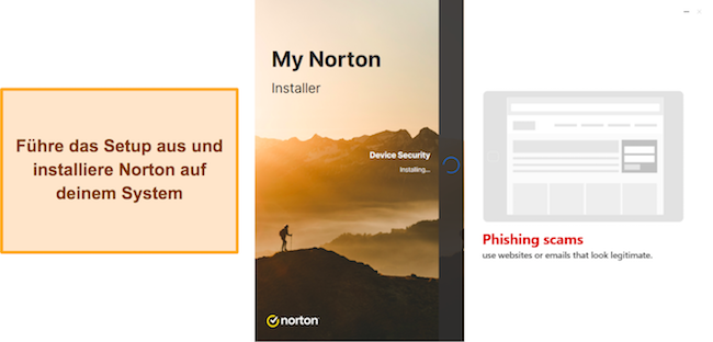 Screenshot, der die laufende Einrichtung von Norton zeigt