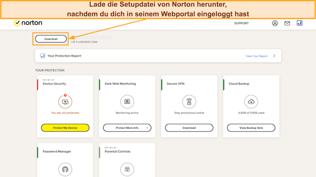Screenshot, der zeigt, wie man das Norton-Setup vom Webportal herunterlädt