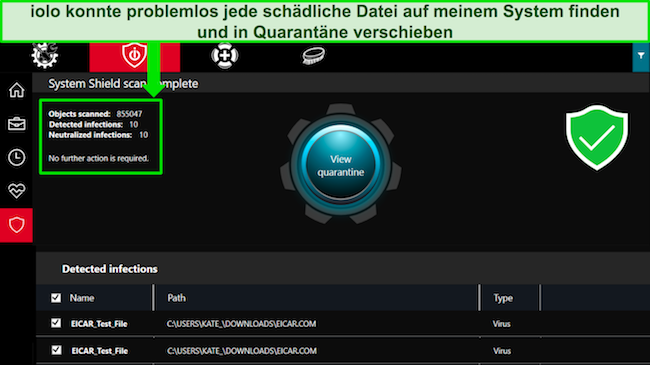 Screenshot der Windows-App von iolo, der einen abgeschlossenen System Shield-Scan mit mehreren erkannten Test-Malware-Dateien zeigt.