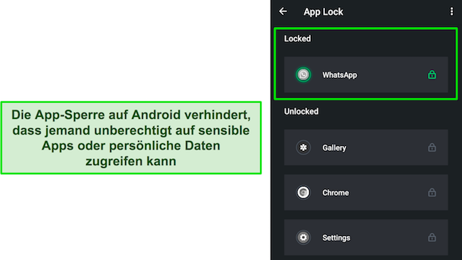 Screenshot der App-Sperre von TotalAV, die WhatsApp sperrt