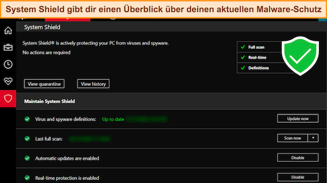 Screenshot der System Shield-Übersicht von iolo zum aktuellen Malware-Schutz