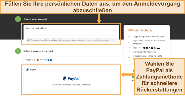 Screenshot der IPVanish-Abonnementseite mit PayPal als gewählter Zahlungsmethode