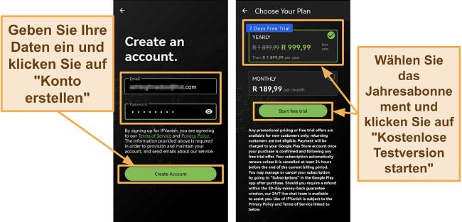 Screenshot der IPVanish Android-App mit neuen Kontodetails und dem Jahresabonnement mit 7-tägiger kostenlosen Testversion auf einem Huawei-Telefon