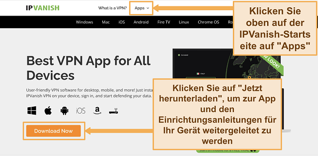 Screenshot der IPVanish-Website, auf der Sie sehen können, wo Sie Apps in einem PC-Browser herunterladen können