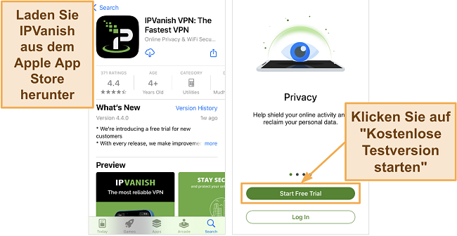 Screenshot der IPVanish iOS-App zum Download im Apple App Store und der Free Trial-Schaltfläche auf dem iPhone