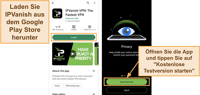 Screenshot der IPVanish Android-App im Google Play Store und der Schaltfläche 'Kostenlose Testversion starten' auf einem Huawei-Telefon