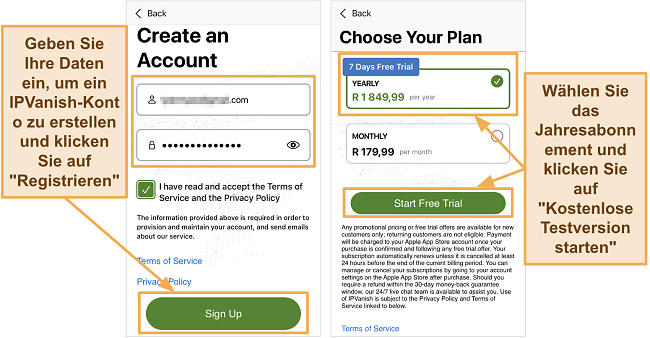 Screenshot der IPVanish iOS-App mit neuen Kontodetails und dem Jahresabonnement mit 7-tägiger kostenloser Testversion auf dem iPhone