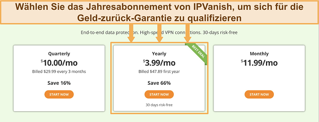Screenshot der aktualisierten IPVanish-Preisgestaltung, die zeigt, dass das Jahresabonnement mit einer Garantie geliefert wird