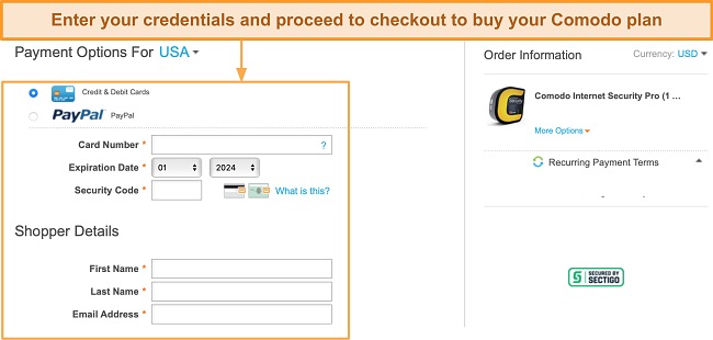 Screenshot of Comodo's checkout page.