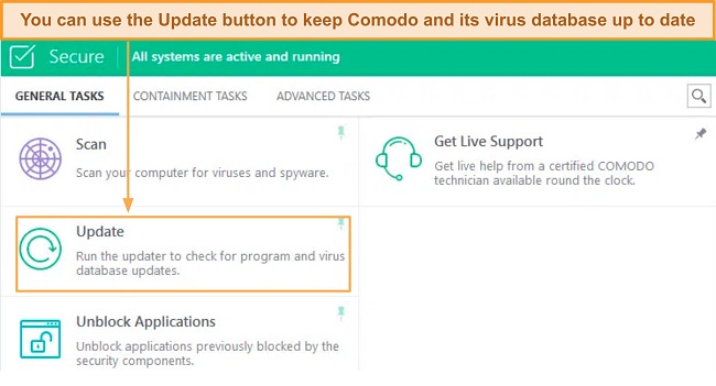 Screenshot of how to turn on automatic updates on Comodo