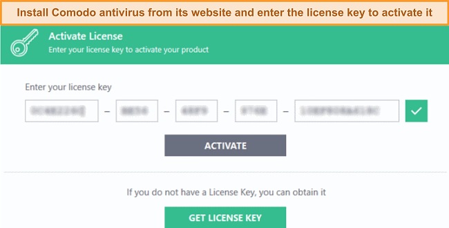 Screenshot of Comodo's activate license page.