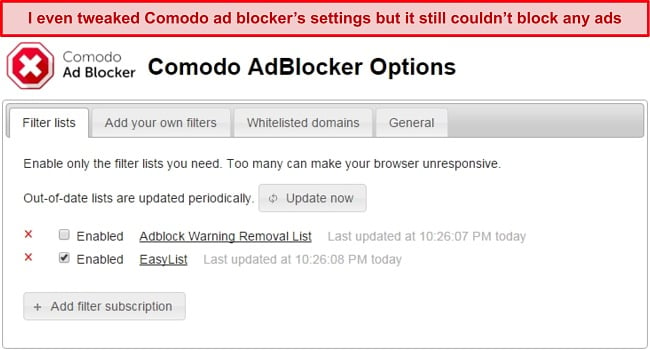 Screenshot of Comodo's ad blocker settings page