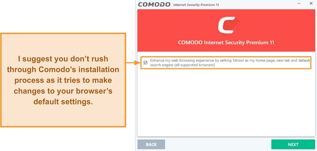 Screenshot of Comodo's installation process prompting to change browser's default home page to Yahoo.