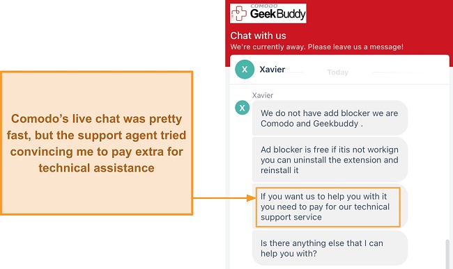 Screenshot of Comodo's live chat support agent answering questions