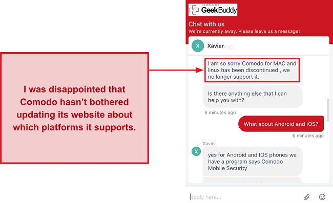 Screenshot of Comodo's live chat support agent clarifying that the antivirus no longer has apps for Mac and Linux.