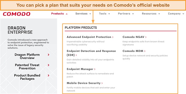 Screenshot of Comodo's products on its official website