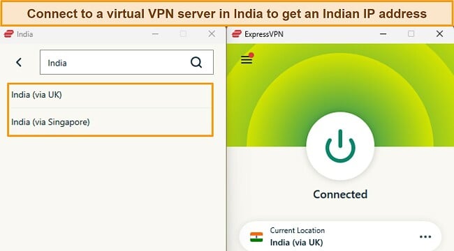 Image of ExpressVPN's Windows app showing the India virtual servers, with ExpressVPN connected to India (via UK)
