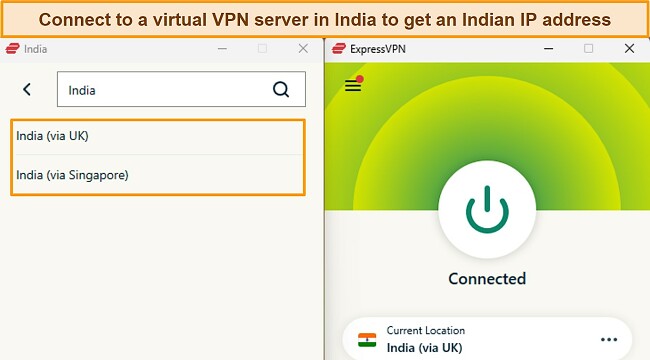 Image of ExpressVPN's Windows app showing the India virtual servers, with ExpressVPN connected to India (via UK)