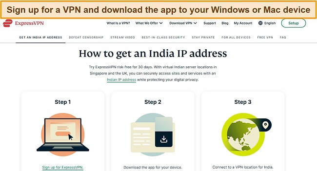 Screenshot of the ExpressVPN website showing how to get an Indian IP address by subscribing to and downloading the VPN app to a Windows or Mac device