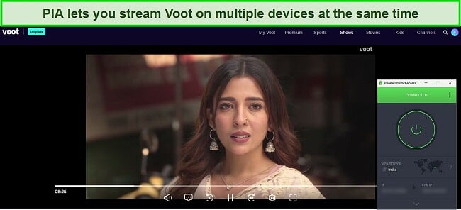 Screenshot of Voot streaming an episode of The Great Weddings of Munnes with PIA connected to a virtual Indian server