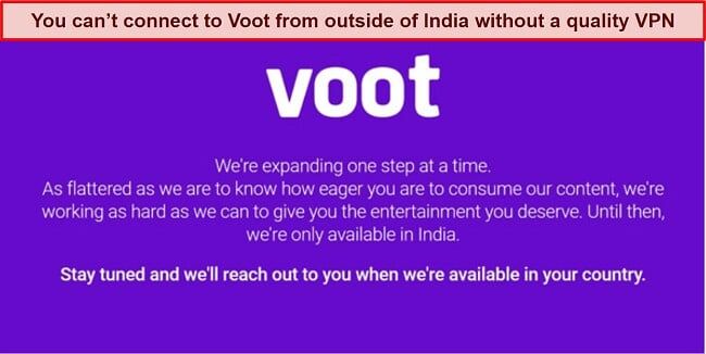 Screenshot of the error message that appears when trying to access Voot from outside of India