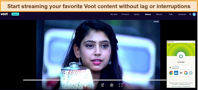 Image of Voot streaming an episode of Kaisi Yeh Yaariaan, with ExpressVPN connected to the India (via UK) server