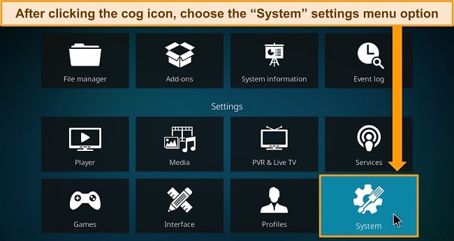 Image of Kodi's System screen, showing the different options and directing the user to the 