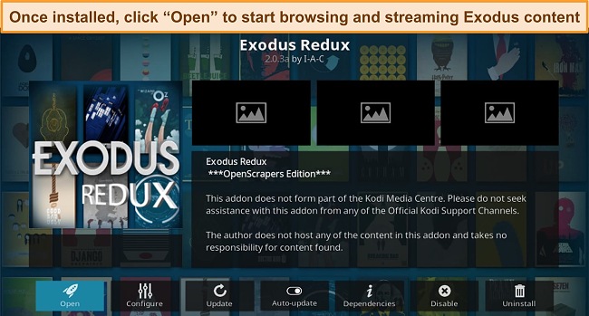 Screenshot of Exodus Redux Kodi add-on ready to use after installation.