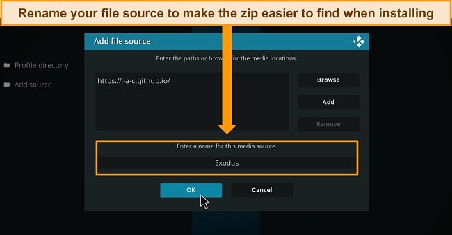 Screenshot of Kodi's File Manager, prompting the user to enter a memorable name for the source file to make it easier to access on installation.