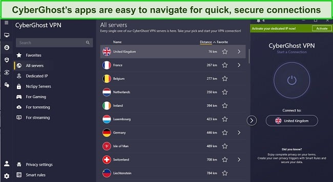 Image of CyberGhost's Windows app showing the app interface to highlight its ease of use.