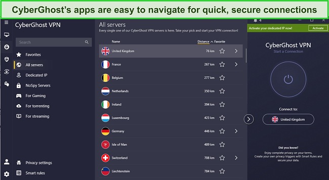 Image of CyberGhost's Windows app showing the app interface to highlight its ease of use.