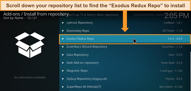 Image of Kodi repository menu, directing the user to find the Exodus Redux Repo to install from the repository.