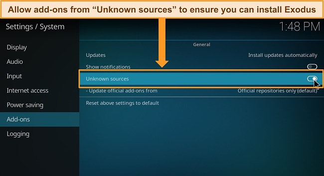 Image of Kodi's Settings/System menu, highlighting the 