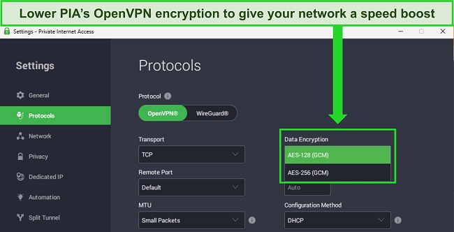 Image of PIA's Windows app, showing the protocols menu and how to reduce encryption levels for the OpenVPN protocol.