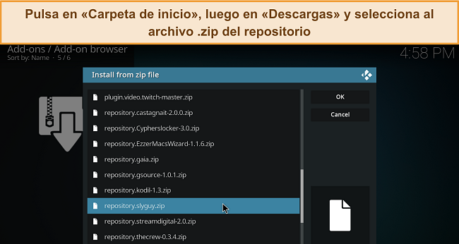 Captura de pantalla del menú de instalación desde archivo zip de Kodi, con un archivo zip del repositorio descargado resaltado.