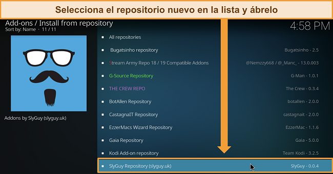 Captura de pantalla de la lista de repositorios descargados de Kodi, destacando el repositorio Slyguy.