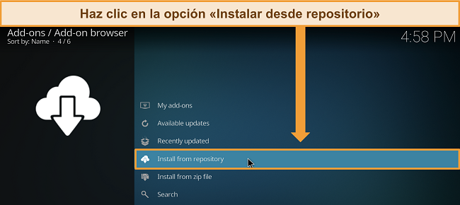 Captura de pantalla de la página de configuración de complementos de Kodi con 