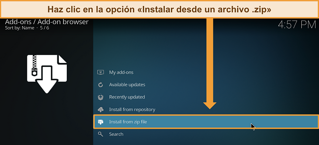 Captura de pantalla de la configuración de los complementos de Kodi con 