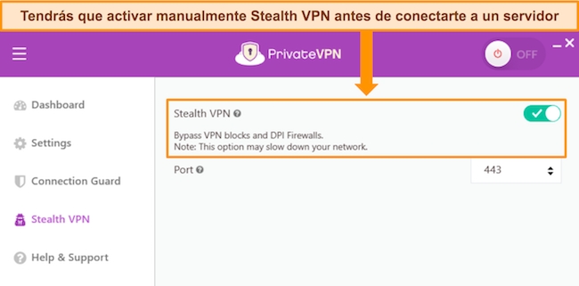 La aplicación de Windows de PrivateVPN, que muestra la configuración de Stealth VPN.