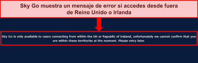 Imagen del mensaje de error de Sky Go cuando se detecta una dirección IP fuera del Reino Unido e Irlanda