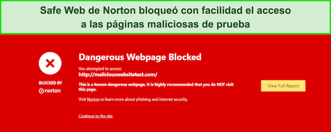 Captura de pantalla de la extensión del navegador Norton Safe Web que bloquea un sitio web malicioso